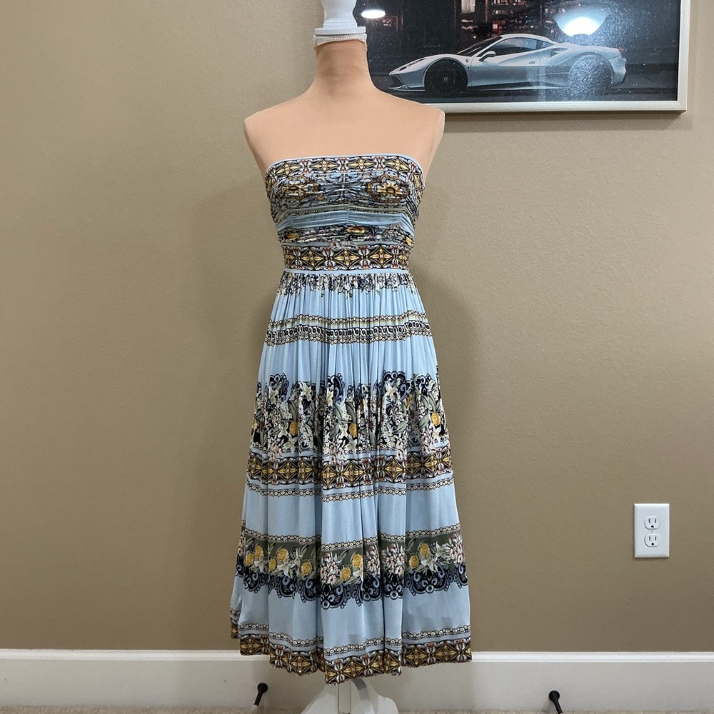 White House Black Market Strapless Blue and Yellow Dress